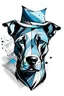 Placeholder: Modern tattoo motifs, abstract and minimalistic ink drawing, Bold and dynamic, design on a white background, The picture shows a wider head of a short-haired crossbreed dog of a dark color, without light spots on the faces, of a firmer stature with very short drooping ears in a hat. The image consists of black and blue colors. The tattoo is with detailed shading. The dog has a cheerful and mischievous look and a tongue sticking out