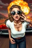 Placeholder: an young woman leaning forward(cropped tightly from between nose and stomach, white top with wide neck opening, cleavage, hands at side of face, with surprised expression, home alone scream, wavy hair, large cheep sunglasses), nuclear explosion and 1950s Cars in background, greaser, digital painted illustration