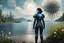 Placeholder: young woman in an android suit with dark hair, standing on the shore of an alien sea, with flying forests of dandelion seed head trees in the distance