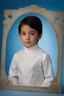 Placeholder: 10-year-old Elvis Presley, with black hair and sideburns, is posing for his school picture in a white jumpsuit with a high collar and embroidery designs - Sparkling, Sky blue Background, professional quality studio 8x10 UHD Digital photograph by Scott Kendall - multicolored spotlight, Photorealistic, realistic stock photo, Professional quality Photograph. colored Fog