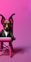 Placeholder: Snoop dogg sitting on a chair. pink houses, pink sky, pink smoke, moon, trees, wide angle