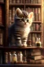 Placeholder: cute kitten on bookshelf in an apothecary. HD. High quality