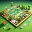 Placeholder: detailed 165 degree planting plan un profesional boardgame set design for a reality game with food service as from kitchen to food Lab with name "165 degree planting plan" with pixar animated background., product, 3d render, typography, illustration, knolling