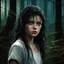 Placeholder: 12 year old girl with dark tangled hair and blue eyes wearing a ripped and dirty white teeshirt, in a forest , photorealistic, dark fantasy