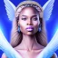 Placeholder: portrait of a beautiful african woman with an angel face smiling,long blond hair, blue eyes, pink and blue dress, jewels, soft light aura