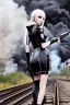 Placeholder: close-up gothic anime girl, white hair, tight outfit with gun on thigh, standing on a train track, smoke and fire surroundings, she is dull and dark, looks determined , train approaching behind her,