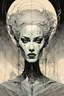 Placeholder: create a highly ethereal, darkly magical surrealist portrait illustration of the mother of vampires, Lamae Bal, with highly detailed and deeply cut facial features, in the chaotic, turbulent, otherworldly landscape of Coldharbour in the comic art style of BILL SIENKIEWICZ and JEAN GIRAUD MOEBIUS, searing lines and forceful strokes, precisely drawn, inked, and darkly colored