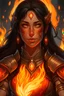 Placeholder: Capture the fierce essence of a female Paladin Druid, her eyes ablaze with fiery magic as she conjures flames with her hands. Bright black, half-braided hair appears infused with the essence of fire, complementing her light magical armor. A prominent scar on her face tells tales of battles faced and conquered, all against the canvas of her tanned skin, embodying strength and elemental mastery.
