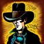 Placeholder: Caricatura de un hombre con sombrero vaquero de aleron grande negro cara levantada cuerpo completo