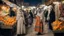 Placeholder: A full-length Palestinian girl wearing an embroidered dress and a white embroidered shawl buys oranges from an old seller wearing a keffiyeh in the market of Jerusalem, 100 years ago, at night with multi-colored lights reflecting on her.