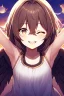 Placeholder: Close up of trendy anime Girl standing on edge of cliff, head towards the sky, eyes closed, sun on face, thankful and smiling, arms open like wings