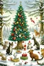 Placeholder: A festive woodland scene with animals wearing Santa hats and exchanging gifts under a snow-covered tree.