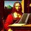 Placeholder: leonardo da vinci works on laptop at his desk. painting in photoshop. hyperdetailed, warm colors, movie poster, oil on canvas, lens flare