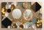 Placeholder: pool mosaic, 3D mirror pieces, beautiful composition, holographic marble pieces, brunette female, dessert shop, flowers, ethereal in sunshine, shading pastel and charcoal golden and ochre, golden glitter, , golden patina, corrosion