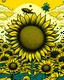 Placeholder: giant sunflower, with beautiful bees flying around, in shephard fairey style graphic, urrounded by golden leaves, sharp detailed graphic, garden background with blue sky and white clouds.