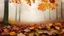 Placeholder: Theme Autumn. Triple exposure. Bottom layer is a misty view of an autumnal forest, leaves changing colour, fallen leaves on the ground. Second layer shows chestnuts, acorns, berries from a closer viewpoint. Top layer is semi-transparent and shows large perfect autumnal maple leaves. The whole image melds together into a commentary on the autumn season in nature.