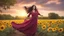 Placeholder: Hyper Realistic Beautiful-Young-Happy-Pashto-Woman-Smiling with beautiful-long-black-hair-&-pink-dress-with-maroon-shawl & breeze-whirling in a sunflower-field with a tree behind & cloudy-sunset showing dramatic & cinematic ambiance