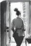 Placeholder: woman with a bun walking away out of someone's office with big windows sketch style