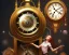 Placeholder: a big clock going to perish, a girl pulling the clock, clock flying away perishing, realistic, intricately detailed