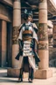 Placeholder: woman in retro-futurist samurai costuming standing while leaning to the side against a stone pillar of a egyptian+cyberpunk building