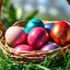 Placeholder: digital photograph of off-center modern basket colorful Easter eggs. eggs display intricate textures in azure, emerald, blush, crimson, sapphire, and gilded metallic hues. cinematic HDR backlighting highlights subtle dimples and glossy reflections, with shallow depth of field softening the sunlit background. hyperrealistic 8k resolution,