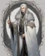 Placeholder: a young High Elf frost Wizard with long wiry hair, wearing a black trimmed white nobleman's robe and frost ornaments on clothes, holding an ornate wizard's staff.