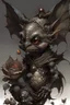 Placeholder: Artist Jean-Baptiste Monge style. A humanoid biomechanical Black bat-flower headed Baby with red eyes and a black dress. Modifiers: award winning crisp quality very cute