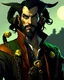 Placeholder: fantasy demon tiefling horned, small ram horns, pale skin, gray skin, rogue scoundrel happy go lucky, cheeky smirk, winking, gunslinger pirate pistol, pirate gear, yellow shining cat eyes, black neck length hair, short black beard, green jacket, leather ammo belt, braided goatee