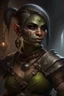 Placeholder: Dungeons and dragons orc woman. She has gray skin. She is kind. She is handsome. She has nice eyes. She has short hair. She is strong. She is in a tavern. She has broad shoulders. She has a large jaw. Realistic style