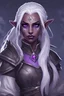 Placeholder: Dungeons and Dragons portrait of the face of a drow rogue blessed by eilistraee. She has purple eyes, pale armor and white hair. Has a playful expression and looks to be in her early twenties