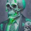 Placeholder: a head and shoulders portrait of a skeleton dressed in a three-piece suit as the president of the united states, based on us currency, united states one dollar bill, shades of green, real-life, colors match the united states one dollar bill, realistic, robotic,