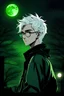 Placeholder: moon in the background at night persona style Teen boy with white hair and green eyes with glasses