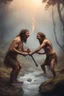 Placeholder: Create an image of two prehistoric human characters in an early Stone Age setting, surrounded by a dusky, misty environment suggestive of early morning. One character is bending over, inadvertently creating a stream of fire from their posterior, a humorous play on the discovery of fire. The other character, standing upright, is holding a primitive tool and laughing heartily at the scene. Both are wearing rough animal fur clothing. The scene is lighthearted, capturing a comedic moment between tw