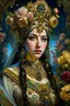 Placeholder: Beautiful facee Iranian Princess front wiev portrait, adorned with giant Jasmine, and lily flower ,roses , golden pearls , zafir gemstone headress, wearing floral, lace, pearls, zafirs ornate Iranian costume, organic bio spinal ribbed detail of Iranian style full jasmin and rose and persian garden background by the moonlight extremely detailed hyperrealistic maximalist portrait art