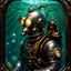 Placeholder: 90's tcg art silver steampunk male diver with glowing helmet underwater