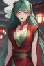 Placeholder: Woman with light green hair, vivid eyes, makeup, dark eyeshadow, dull red silk Oriental dress, Asian city background, RWBY animation style