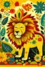 Placeholder: Create a vector art of gond art forest bliss with Madhya Pradesh lion with a sun and dense foliage of banana leafs and flowers