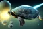 Placeholder: turtle spaceship with thrust and planet