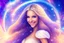 Placeholder: very beautiful cosmic women with white long hair, smiling, with cosmic dress and in the background there is a bautiful sky with stars and light beam