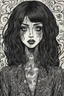 Placeholder: create a disturbing horror full body woodcut of a dark haired, savage, gothpunk vampire girl with highly detailed , sharply defined hair and facial features, in a dark, otherworldly London in the style of Junji Ito, precisely drawn, inked, with dramatic edges,