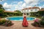 Placeholder: a luxury villa yard with pool in center and pretty plants trees flowers, pretty clouds,a pretty model lady in victorian clothing walking in villa yard