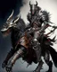 Placeholder: Warrior warrior with leather and metal clothes A combination of a dragon and a wolf and a commander riding on it Warrior warrior with leather and metal clothes and robotic metal