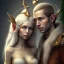 Placeholder: two elves. woman and man. Christmas scene. photorealistic. low-key