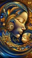 Placeholder: A digital artwork of women open her beautiful eyes with her baby adorned with intricate patterns and designs. The figure's face is covered in swirling lines, circles, and other abstract patterns in hues of mocha, navy and gold.The background is a colorful glass , with abstract patterns that complement the figure's design. The overall ambiance of the image is dreamy and surreal.