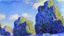 Placeholder: Big rocks, trees, clouds, winter, claude monet impressionism painting