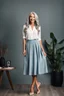 Placeholder: full body of very beautiful lady midi light blue skirt and bluse , gray hair ,standing idle happy pose in studio pretty makeup