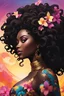 Placeholder: create an silhouette art image of an african curvy female looking to the side with a large mane of curly black flowing thru the wind. 2k prominent make up with hazel eyes. Highly detailed hair. Background of colorful plumeria flowers surrounding her