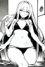 Placeholder: bikini long hair thin girl with leg in abyss pool, greyscale, sexy pose, screen tones