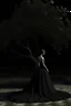 Placeholder: Wednesday in a low-cut black gown standing under a black tree, photorealistic, delicate detail.