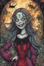 Placeholder: a cartoon illustration of a schizophrenic goth vampire girl , in the cartoon style of Lynda Barry , Ernie Pook's Comeek, vibrant natural colors, , museum quality masterpiece